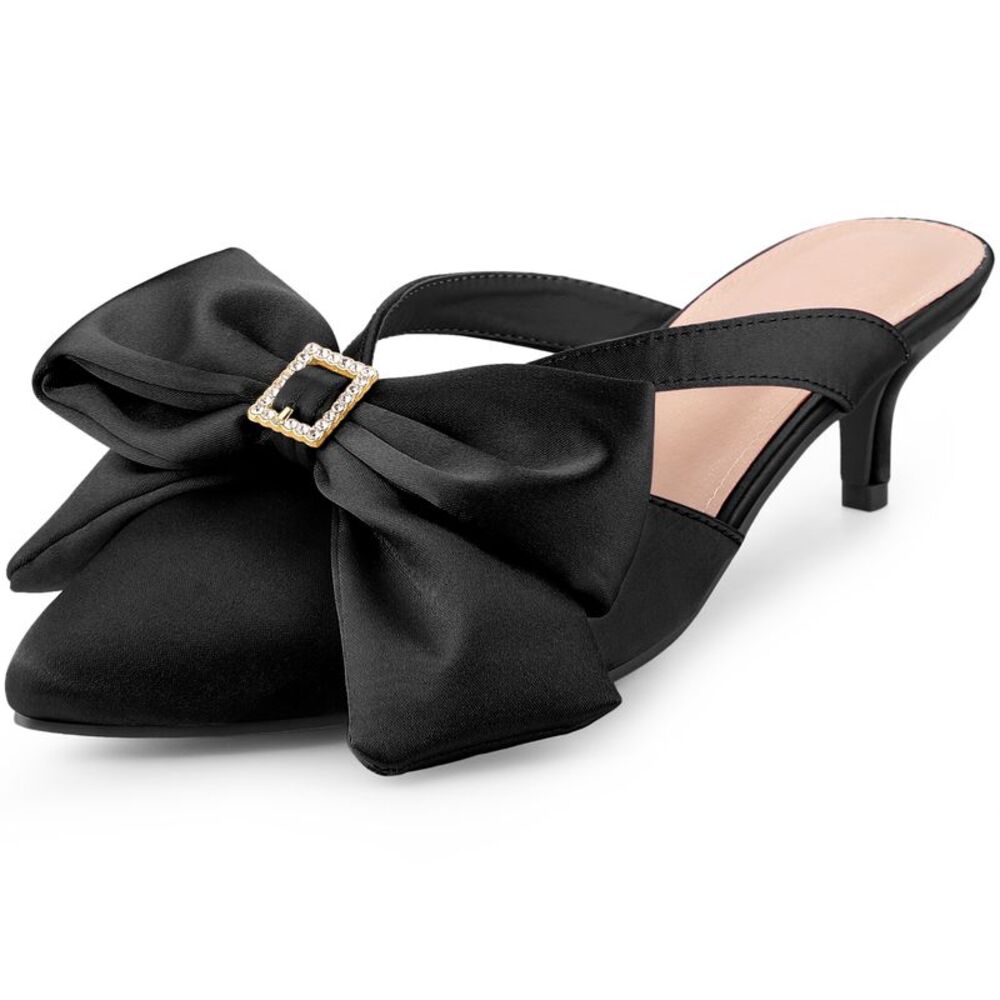 Bow Rhinestones Kitten Heels Satin Slide Mules for Women, Black